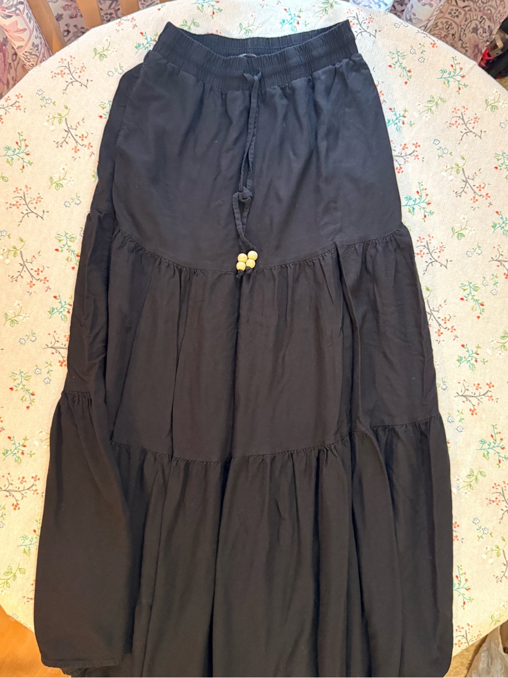 Flowing Black Tiered Maxi Skirt with Drawstring Detail